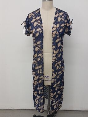 Vintage Navy Leaf-Print Open Front Duster coverup